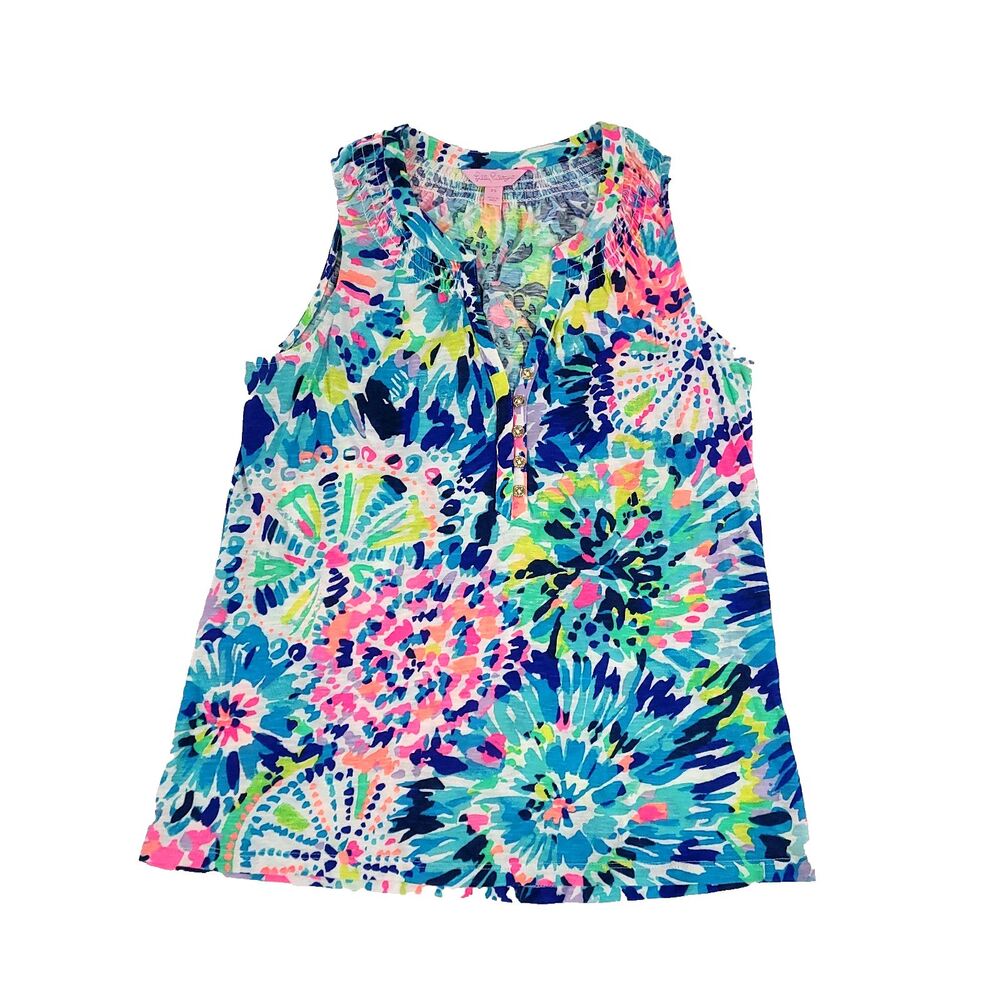 lilly pulitzer Essie Dive In top Sleeveless XS Split‎ Button Smocked Neckline